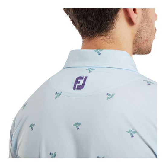 Model wearing  FootJoy Men's Thistle Print Lisle Mist Golf Polo Shirt Back