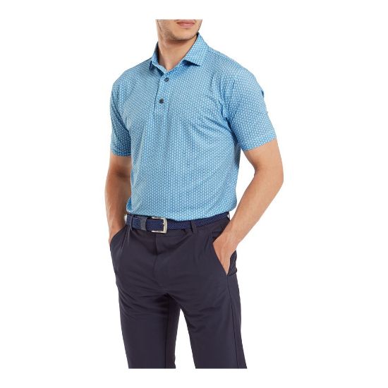 Model wearing FootJoy Men's Scallop Shell Foulard Lisle Blue Sky Golf Polo Shirt