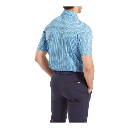 Model wearing FootJoy Men's Scallop Shell Foulard Lisle Blue Sky Golf Polo Shirt Back View