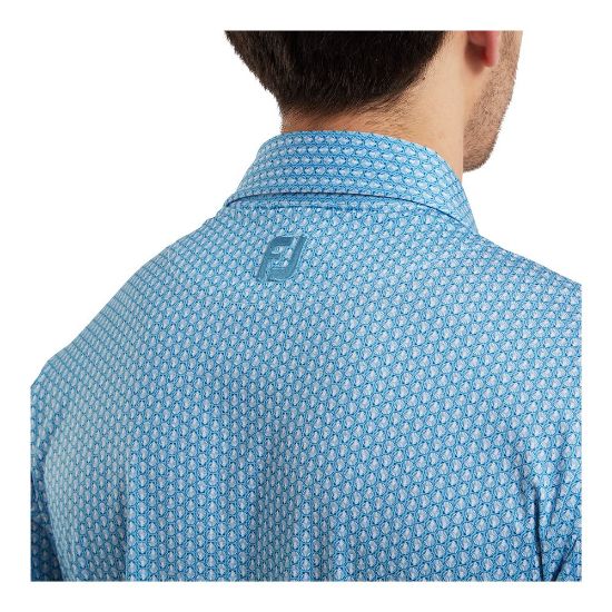 Model wearing FootJoy Men's Scallop Shell Foulard Lisle Blue Sky Golf Polo Shirt Back
