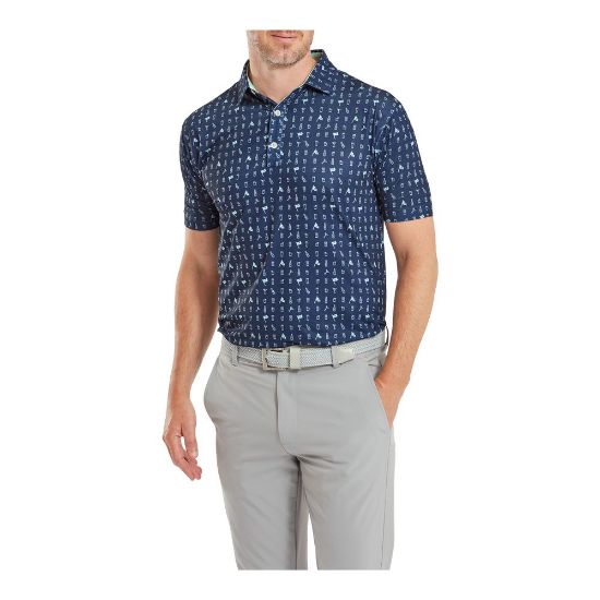 Model wearing FootJoy Men's "The 19th Hole" Navy Golf Polo Shirt