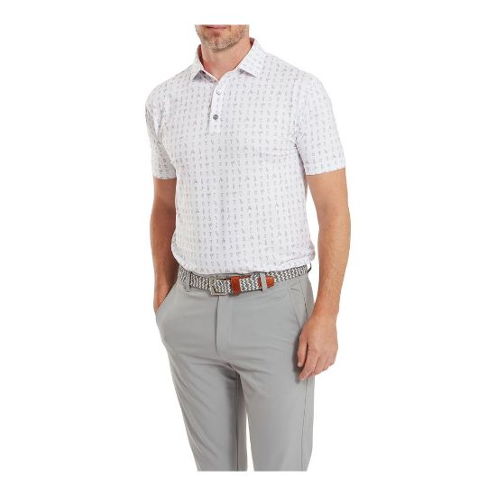 Model wearing FootJoy Men's "The 19th Hole" White Golf Polo Shirt