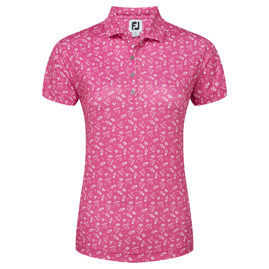 FootJoy Ladies Floral Print Lisle Pink Golf Polo Shirt Front View