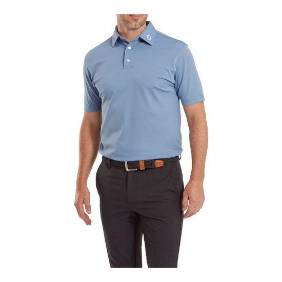 Model wearing FootJoy Men's Stretch Pique Solid Storm Golf Polo Shirt