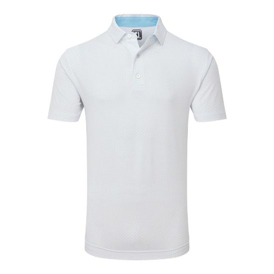 FootJoy Men's Stretch Lisle Dot Print White/Light Blue Golf Polo Shirt Front View