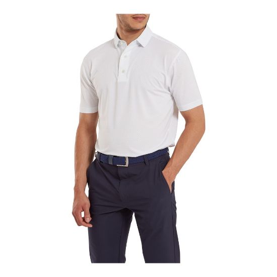 Model wearing FootJoy Men's Stretch Lisle Dot Print White/Light Blue Golf Polo Shirt