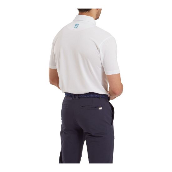 Model wearing FootJoy Men's Stretch Lisle Dot Print White/Light Blue Golf Polo Shirt Back View