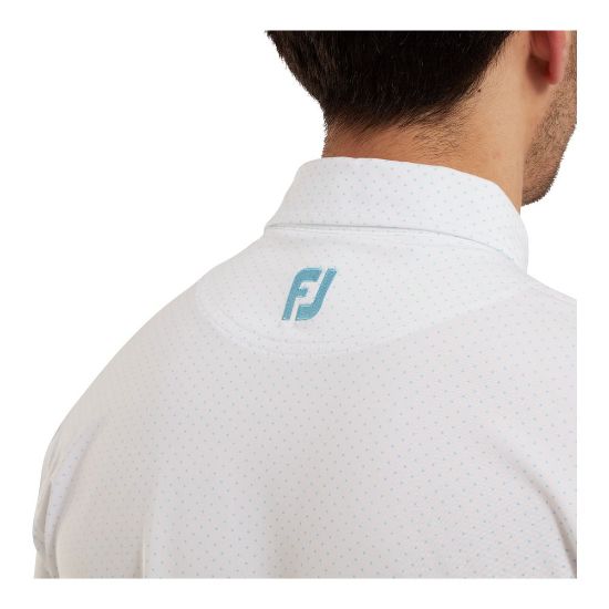 Model wearing FootJoy Men's Stretch Lisle Dot Print White/Light Blue Golf Polo Shirt Side View