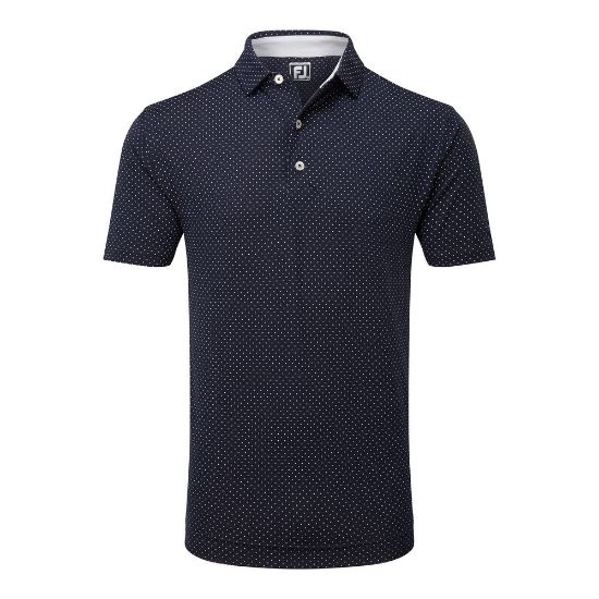 FootJoy Men's Stretch Lisle Dot Print Navy Golf Polo Shirt Front View