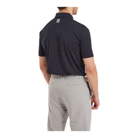 Model wearing FootJoy Men's Stretch Lisle Dot Print Navy/White Golf Polo Shirt Back View