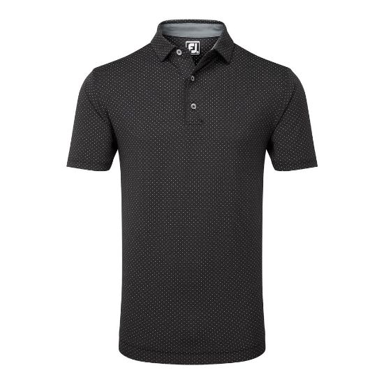 FootJoy Men's Stretch Lisle Dot Print Black Golf Polo Shirt Front View