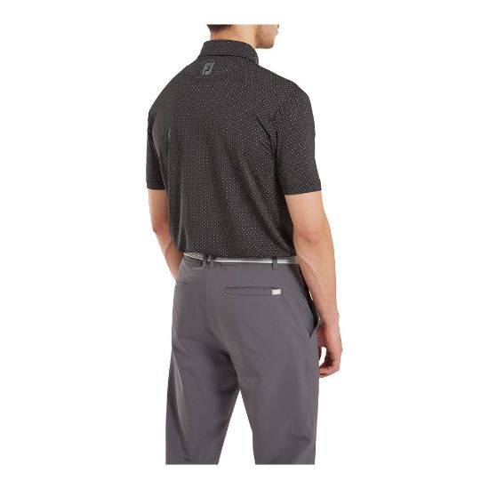 Model wearing FootJoy Men's Stretch Lisle Dot Print Black/Grey Golf Polo Shirt Back View