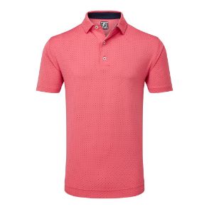 FootJoy Men's Stretch Lisle Dot Print Coral Red/Navy Golf Polo Shirt Front View
