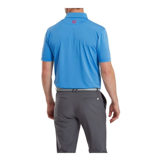 Model wearing FootJoy Men's Stretch Lisle Dot Print Ocean/Berry Golf Polo Shirt Back View