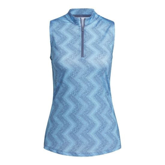 adidas Ladies Ottoman Printed Sleeveless Semi Burst Blue Golf Polo Shirt Front View