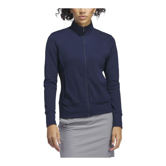 Model wearing adidas Ladies Ultimate Jacquard Collegiate Navy Golf Jacket Front View