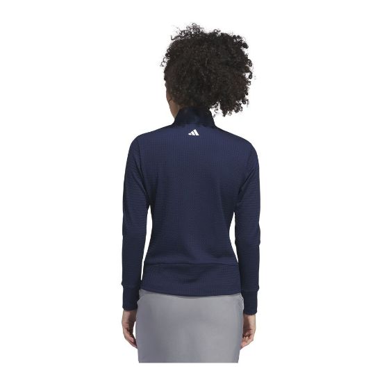 Model wearing adidas Ladies Ultimate Jacquard Collegiate Navy Golf Jacket Back View
