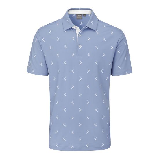 PING Men's Gold Putter Printed Blue Golf Polo Shirt Front View