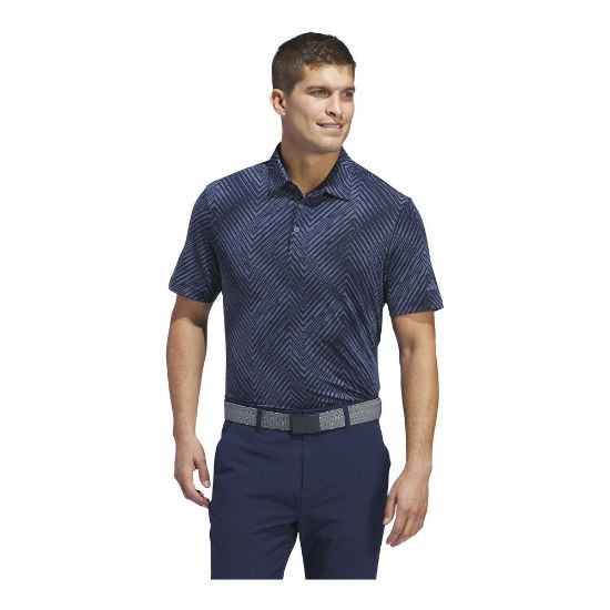 Model wearing adidas Men's Ultimate 365 Allover Print Navy Golf Polo Shirt Front View