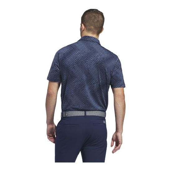 Model wearing adidas Men's Ultimate 365 Allover Print Navy Golf Polo Shirt Back View