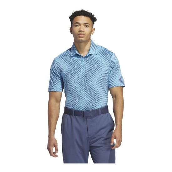 Model wearing adidas Men's Ultimate 365 Allover Print Blue Burst Golf Polo Shirt Front View