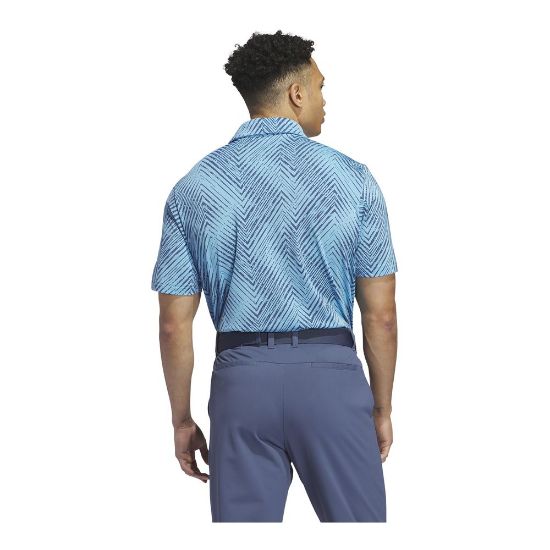 Model wearing adidas Men's Ultimate 365 Allover Print Blue Burst Golf Polo Shirt Back View