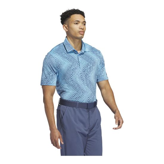 Model wearing adidas Men's Ultimate 365 Allover Print Blue Burst Golf Polo Shirt Side View