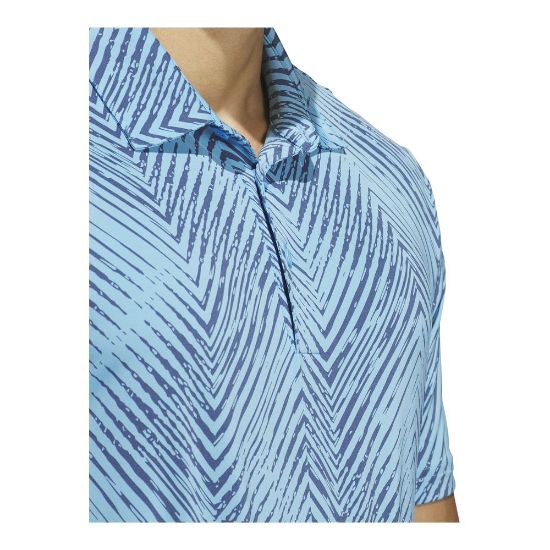 Model wearing adidas Men's Ultimate 365 Allover Print Blue Burst Golf Polo Shirt Side
