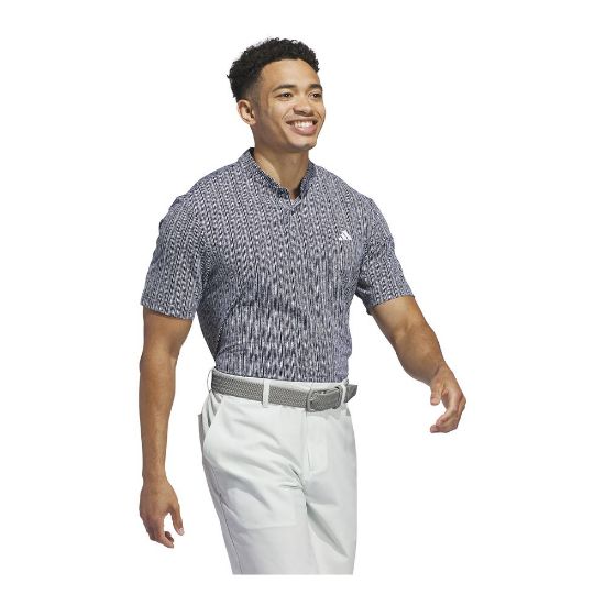Model wearing adidas Men's Ultimate 365 Stripe Print Navy Golf Polo Shirt Side View