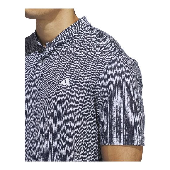 Model wearing adidas Men's Ultimate 365 Stripe Print Navy Golf Polo Shirt Side View