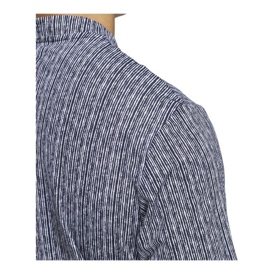 Model wearing adidas Men's Ultimate 365 Stripe Print Navy Golf Polo Shirt Back View