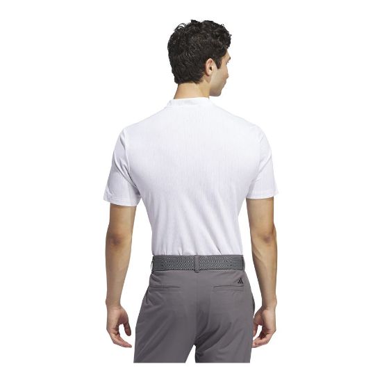 Model wearing adidas Men's Ultimate 365 Stripe Print White Golf Polo Shirt Back View