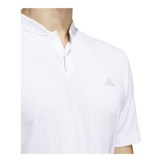 Model wearing adidas Men's Ultimate 365 Stripe Print White Golf Polo Shirt Side View