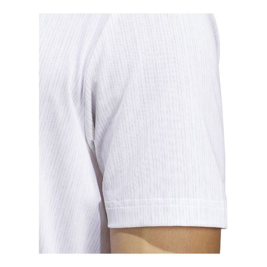 Model wearing adidas Men's Ultimate 365 Stripe Print White Golf Polo Shirt Sleeve View
