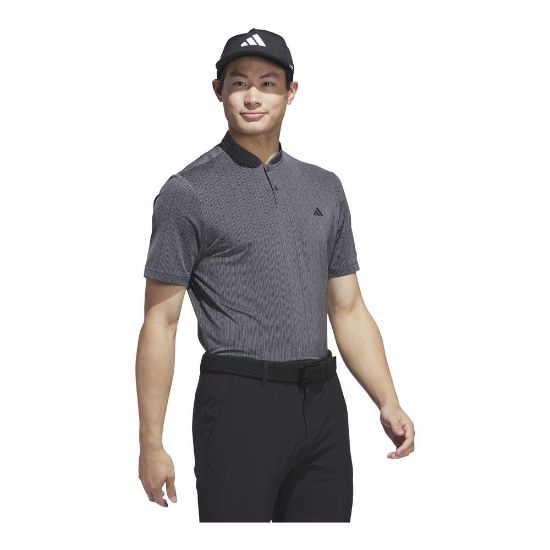 Model wearing adidas Men's Ultimate 365 Stripe Print Grey 6 Golf Polo Shirt Side View