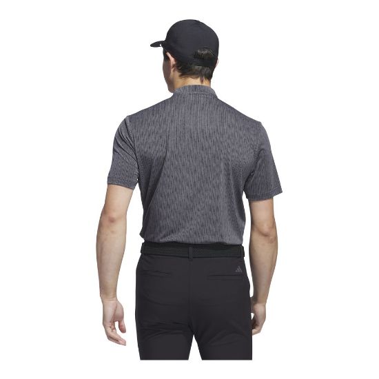 Model wearing adidas Men's Ultimate 365 Stripe Print Grey 6 Golf Polo Shirt Back View