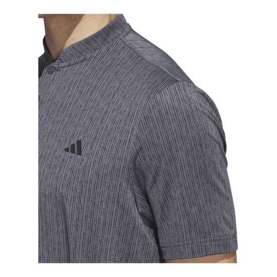 Model wearing adidas Men's Ultimate 365 Stripe Print Grey 6 Golf Polo Shirt Side View