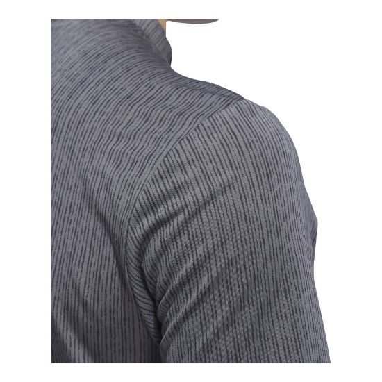 Model wearing adidas Men's Ultimate 365 Stripe Print Grey 6 Golf Polo Shirt Sleeve View