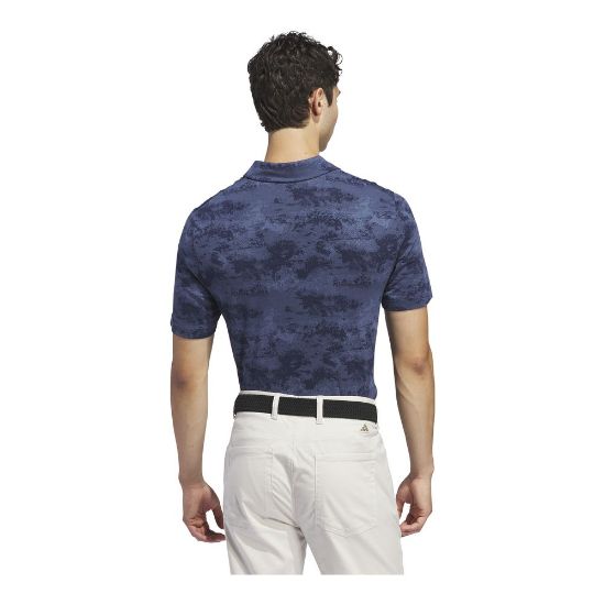 Model wearing adidas Men's Go To Print Mesh Collegiate Navy Golf Polo Back View