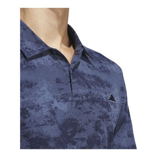 Model wearing adidas Men's Go To Print Mesh Collegiate Navy Golf Polo Front View