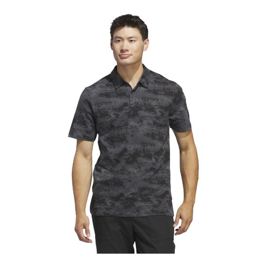 Model wearing adidas Men's Go To Print Mesh Black Golf Polo Shirt Front View