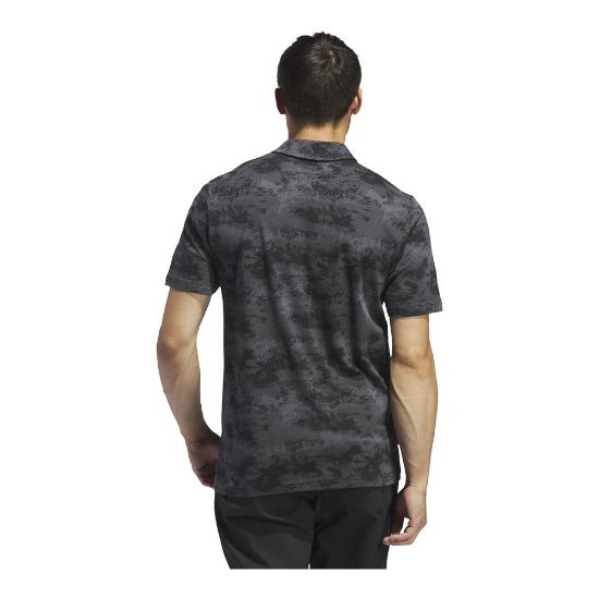 Model wearing adidas Men's Go To Print Mesh Black Golf Polo Shirt Back View
