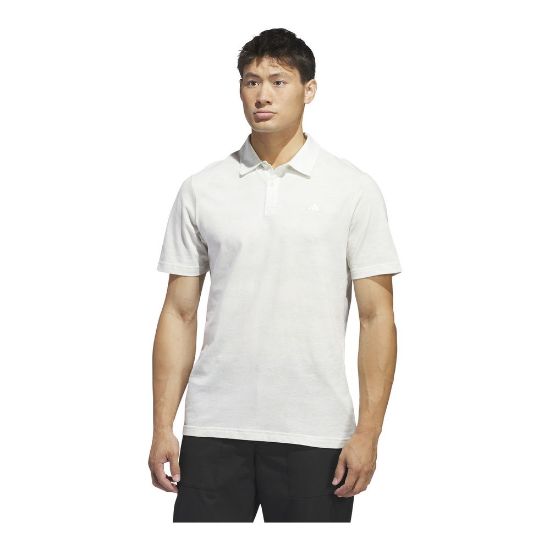 Model wearing adidas Men's Go To Print Mesh Crystal Jade Golf Polo Shirt Front View
