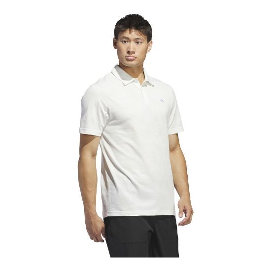 Model wearing adidas Men's Go To Print Mesh Crystal Jade Golf Polo Shirt Side View