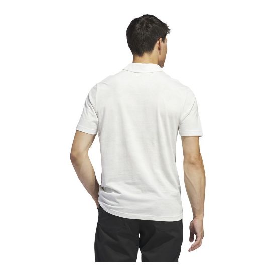 Model wearing adidas Men's Go To Print Mesh Crystal Jade Golf Polo Shirt Back View