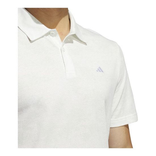 Model wearing adidas Men's Go To Print Mesh Crystal Jade Golf Polo Shirt Front View
