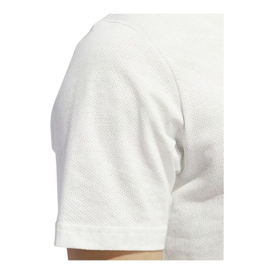 Model wearing adidas Men's Go To Print Mesh Crystal Jade Golf Polo Shirt Sleeve View