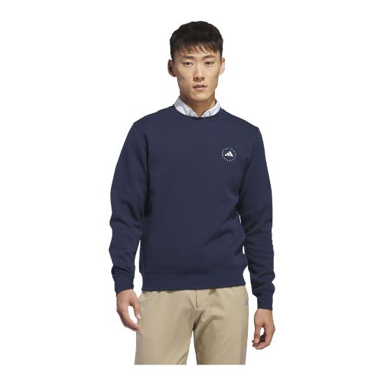 Model wearing adidas Men's Core Crew Collegiate Navy Golf Sweatshirt Front View