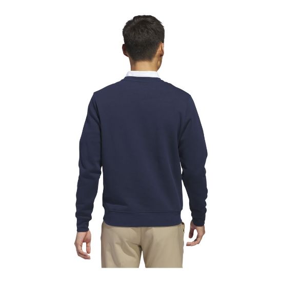 Model wearing adidas Men's Core Crew Collegiate Navy Golf Sweatshirt Back View