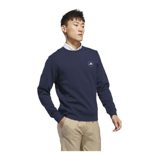 Model wearing adidas Men's Core Crew Collegiate Navy Golf Sweatshirt Side View